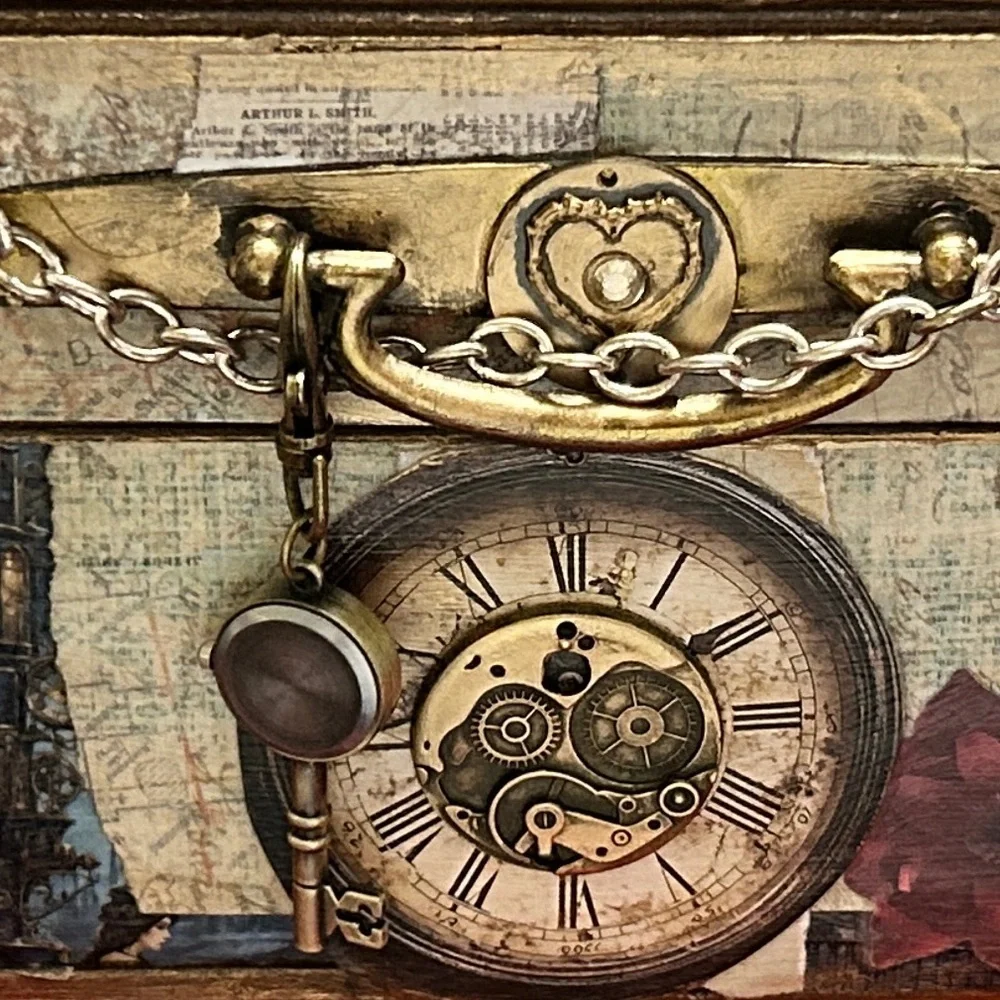 Steampunk Jewelry Box #3 Handmade Vintage Victorian Gear Decor Blue Velvet int